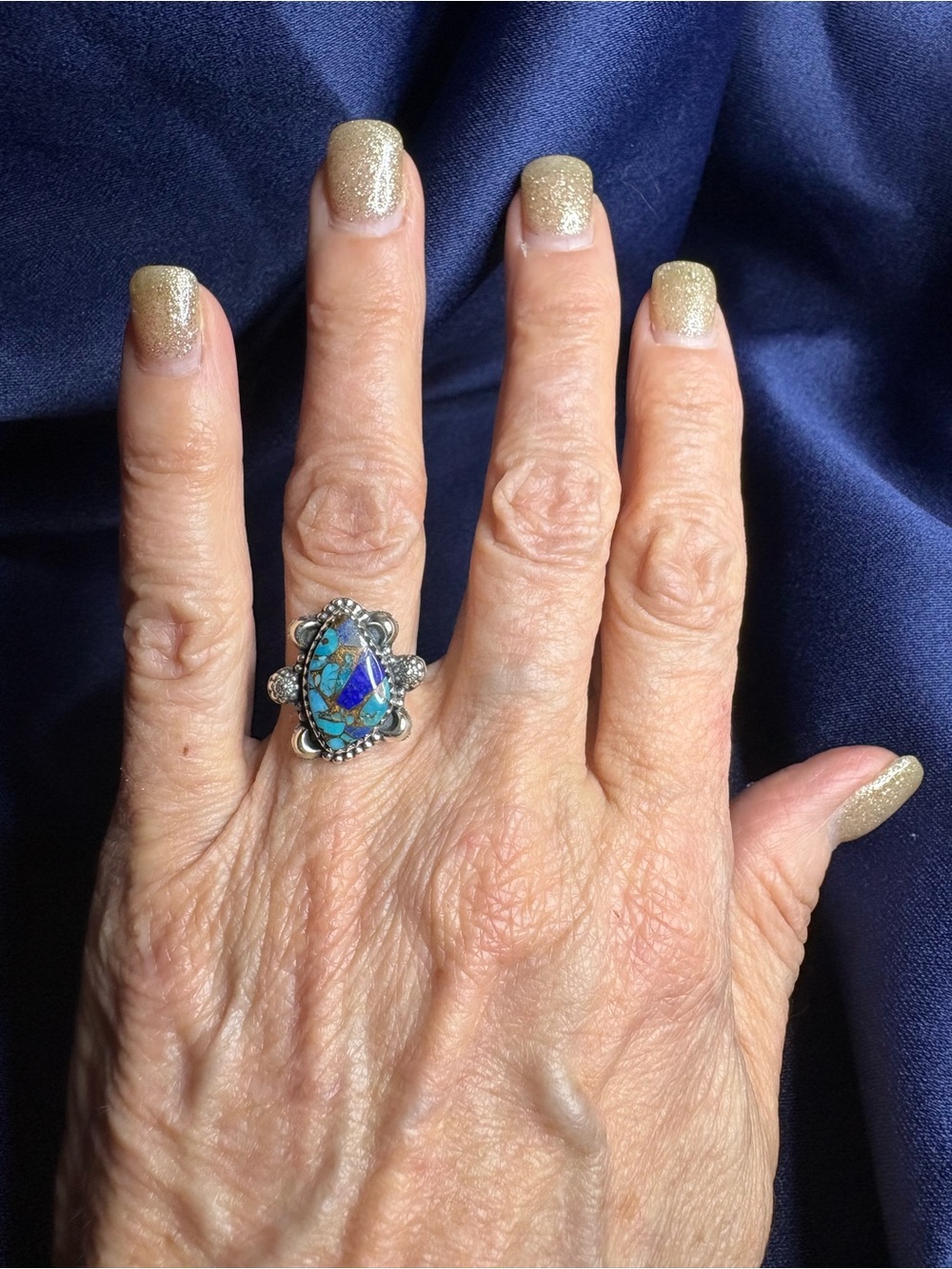 Ring Blue Dahlia Turquoise and Lapis Mosaic 925 Sterling Silver Floral Southwest - Picture 5 of 5